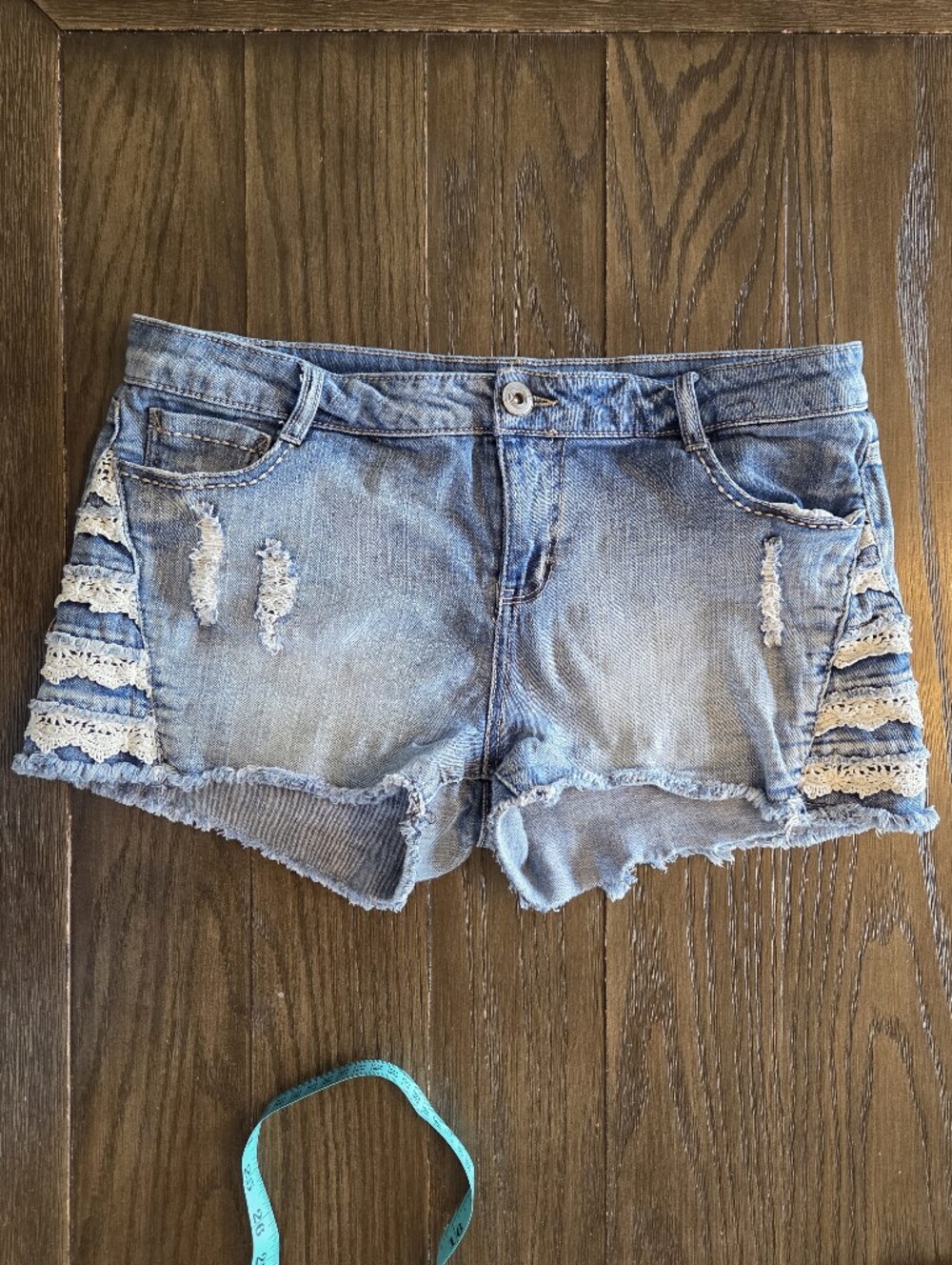 Rue21 Light Blue Distressed Denim Shorts with Lace Trim